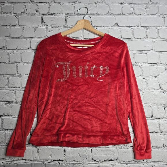 Juicy Couture Sleepwear Red Fuzzy Soft Long Sleeve Rhinestone Top Size Small - Picture 1 of 9